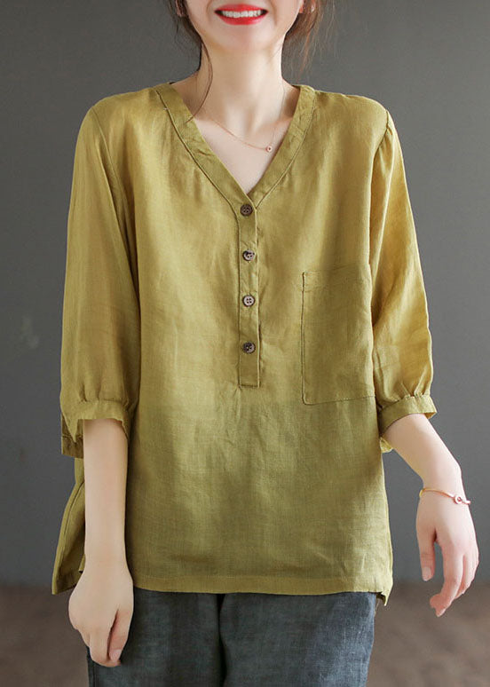 Women Yellow Green V Neck Button Solid Color Linen Shirts Bracelet Sleeve