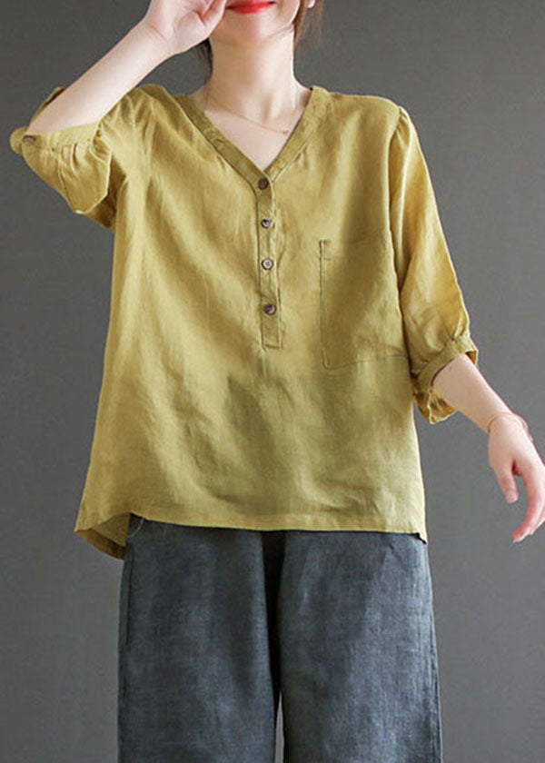 Women Yellow Green V Neck Button Solid Color Linen Shirts Bracelet Sleeve