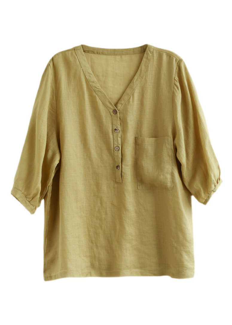 Women Yellow Green V Neck Button Solid Color Linen Shirts Bracelet Sleeve