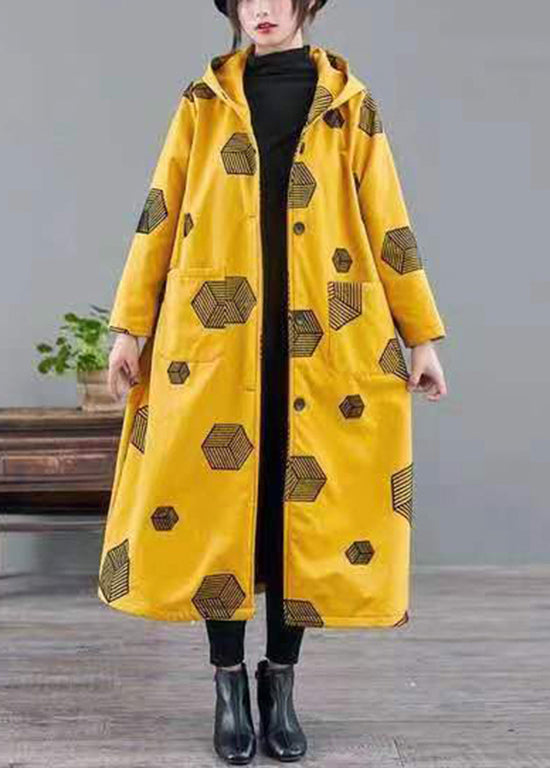 Women Yellow Hooded Pockets Print Warm Fleece Coat Winter