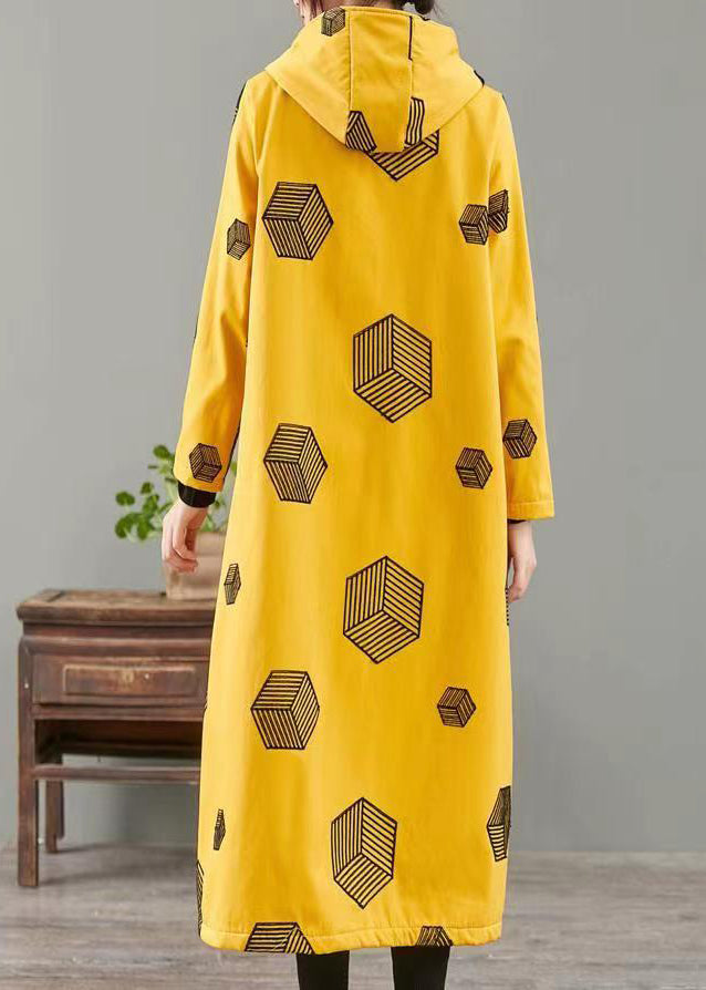 Women Yellow Hooded Pockets Print Warm Fleece Coat Winter