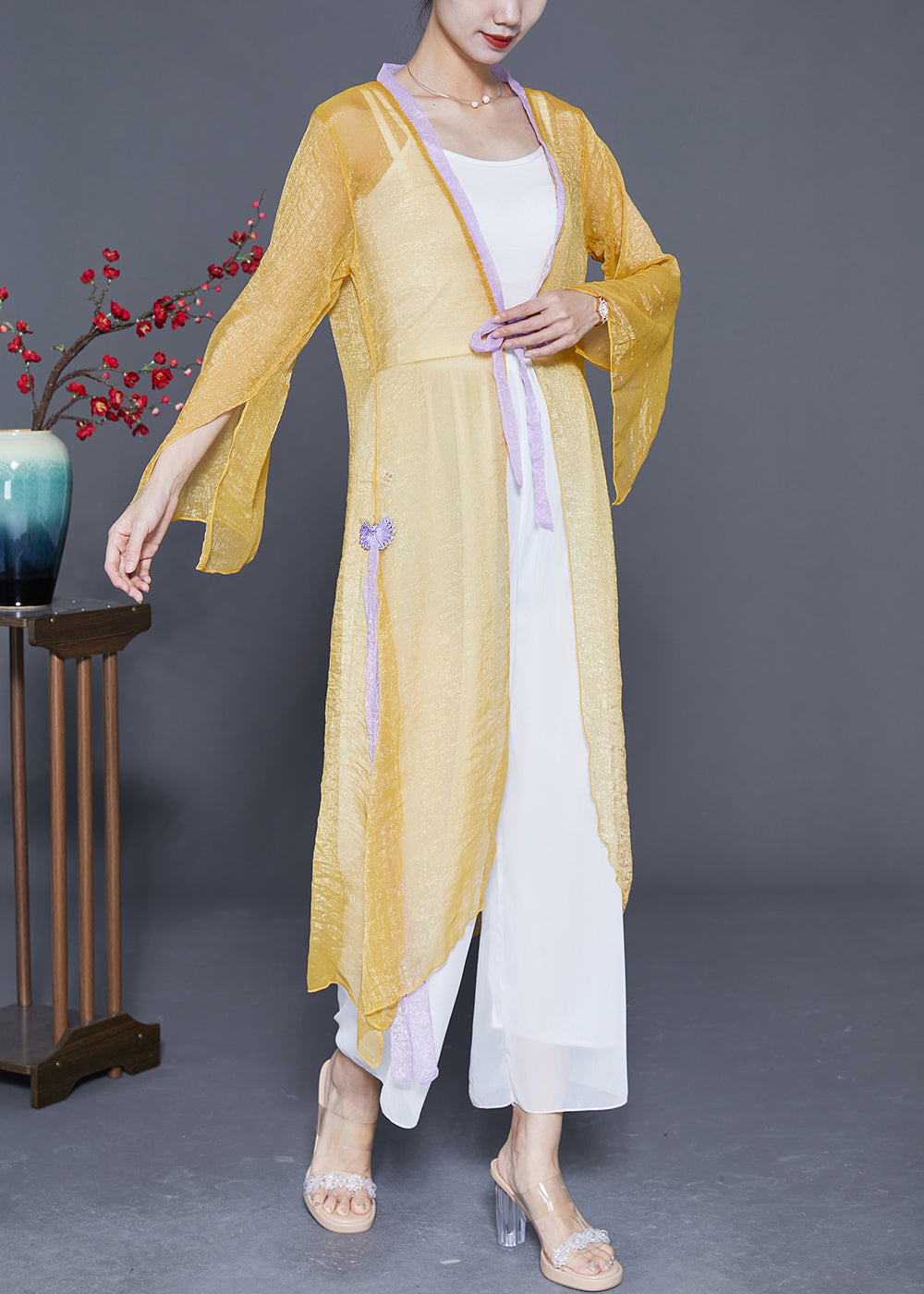 Women Yellow Lace Up Patchwork Chiffon UPF 50+ Cardigan Summer