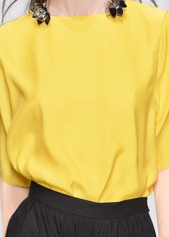 Women Yellow O Neck Patchwork Cotton T Shirt Tops Summer