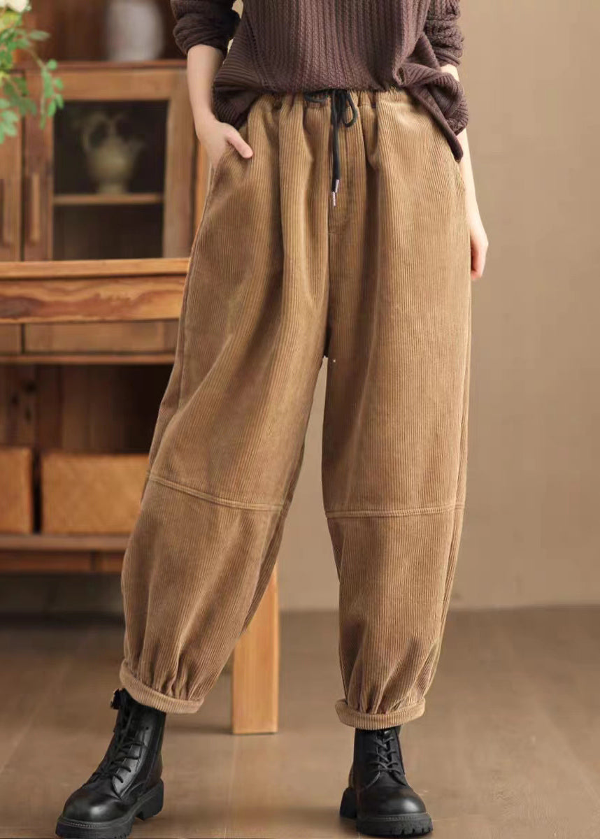 Women Yellow Oversized Patchwork Warm Fleece Corduroy Pants Winter