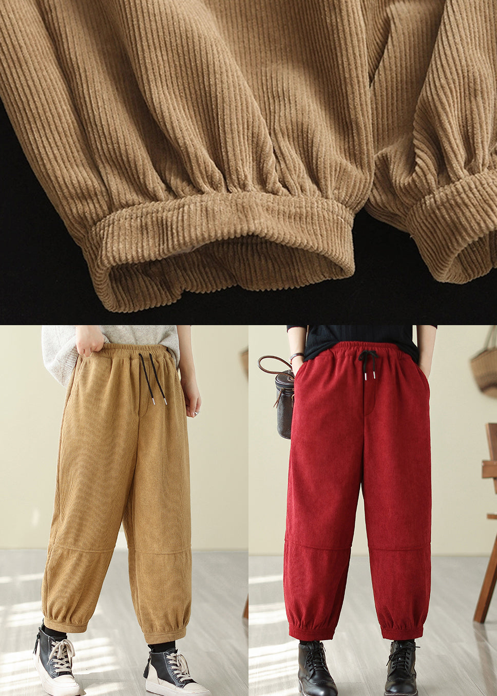 Women Yellow Oversized Patchwork Warm Fleece Corduroy Pants Winter