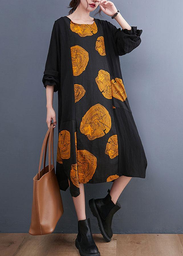 Women Yellow Patchwork Pockets Print Fall Dress Long sleeve - Omychic