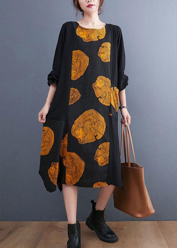 Women Yellow Patchwork Pockets Print Fall Dress Long sleeve - Omychic