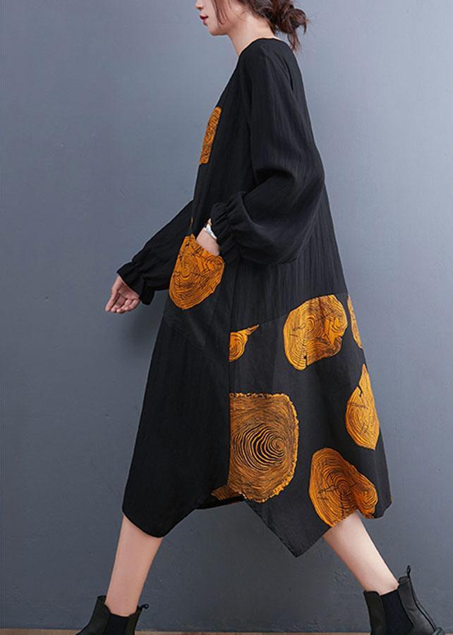 Women Yellow Patchwork Pockets Print Fall Dress Long sleeve - Omychic