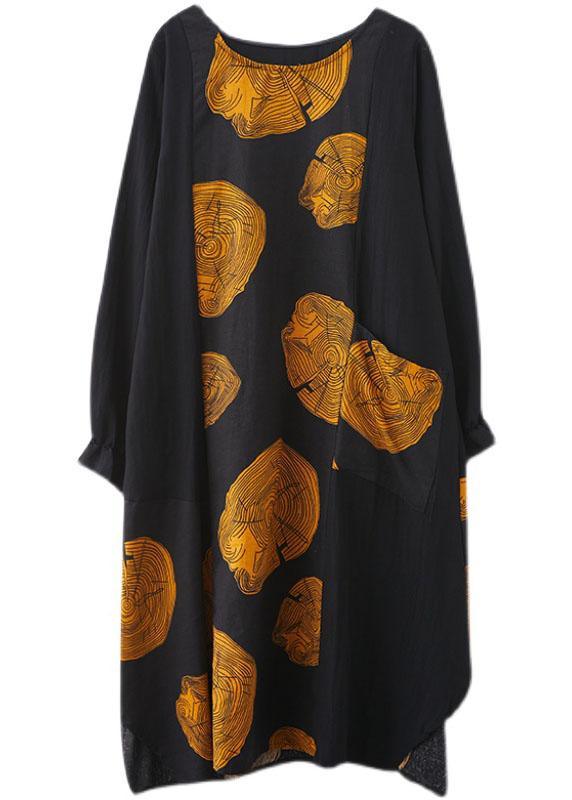Women Yellow Patchwork Pockets Print Fall Dress Long sleeve - Omychic