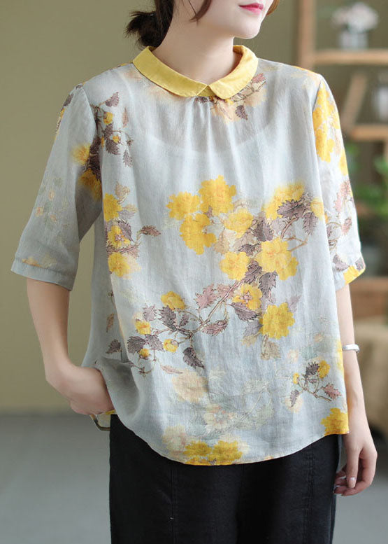 Women Yellow Peter Pan Collar Print Patchwork Linen Top Summer