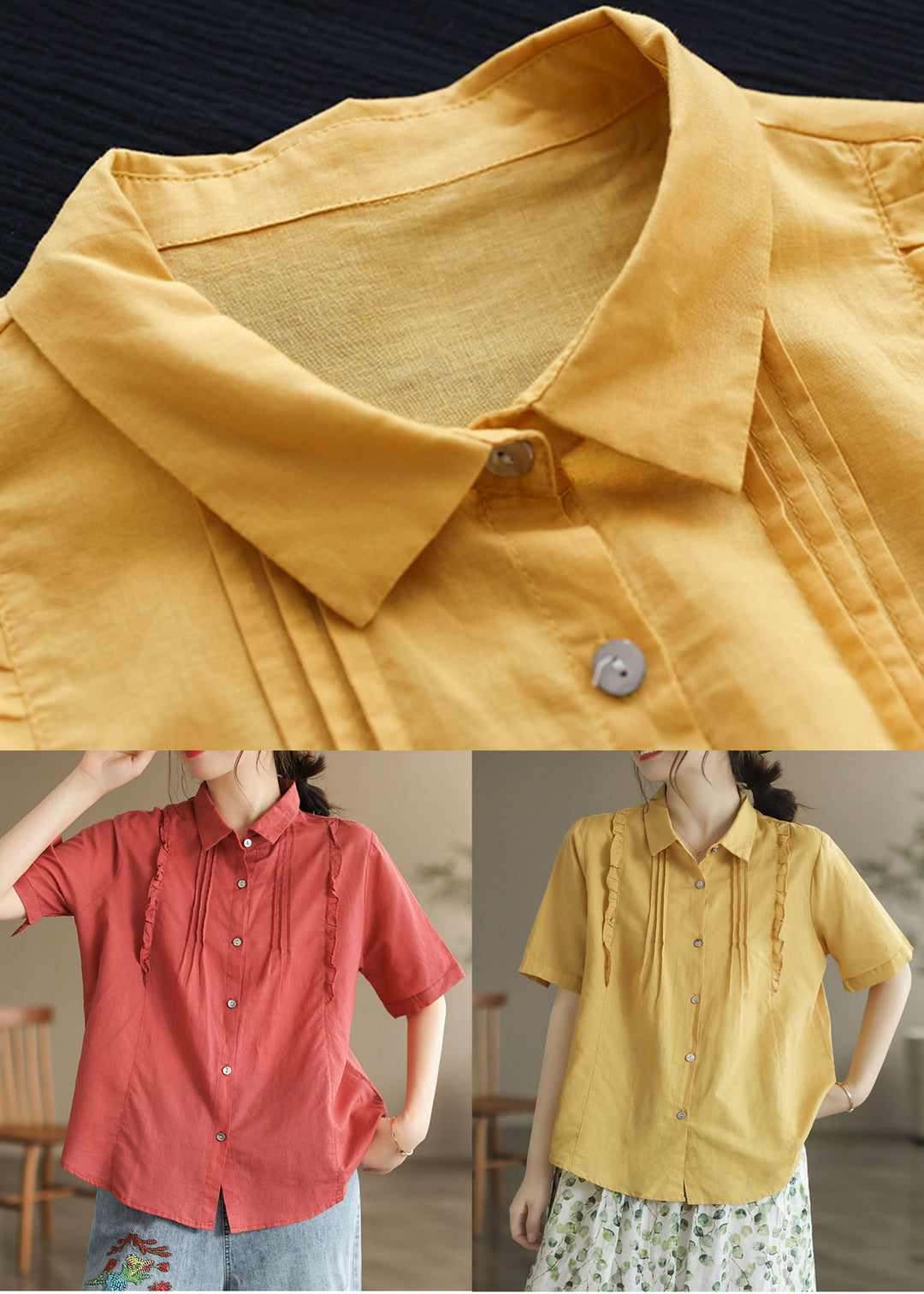 Women Yellow Peter Pan Collar Ruffled Patchwork Cotton Blouses Summer