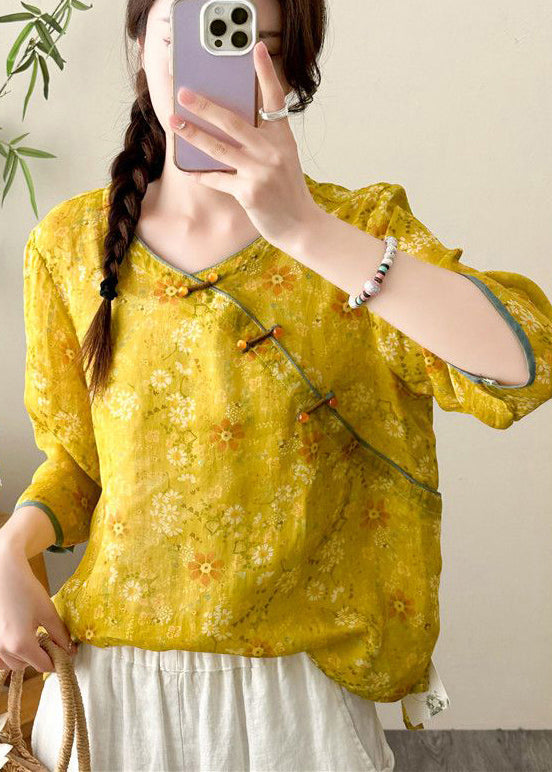 Women Yellow Print Chinese Button Linen Tops Fall