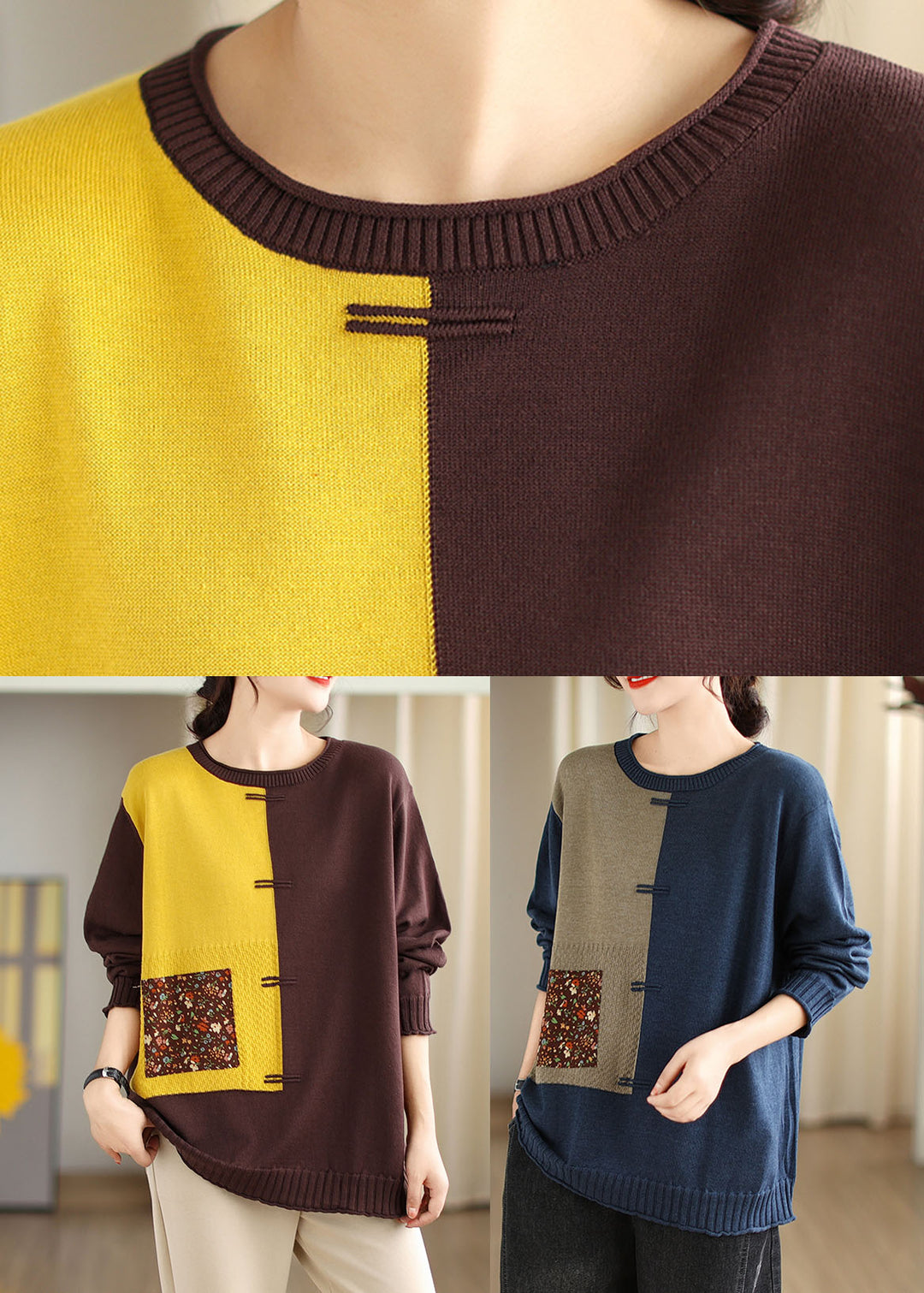 Women Yellow Print Patchwork Cotton Knit Sweaters Fall