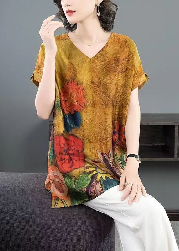 Women Yellow Print Side Open Patchwork Silk T Shirt Short Sleeve