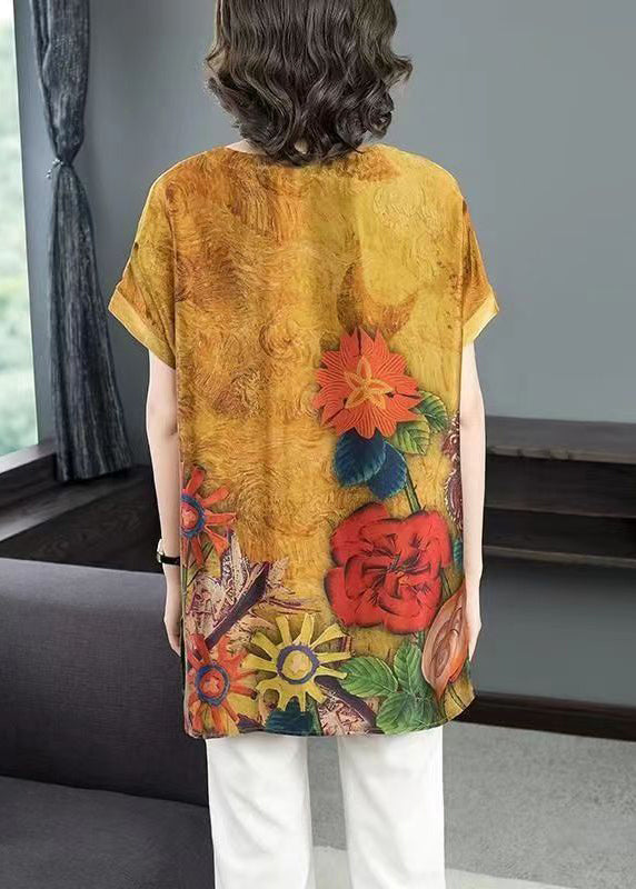 Women Yellow Print Side Open Patchwork Silk T Shirt Short Sleeve