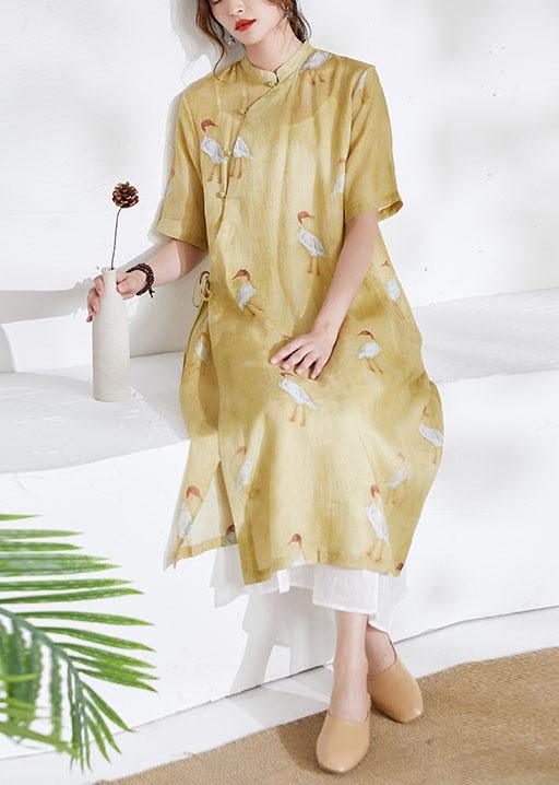 Women Yellow Side Open Print Summer Ramie long shirts - Omychic