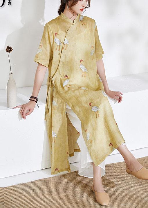 Women Yellow Side Open Print Summer Ramie long shirts - Omychic