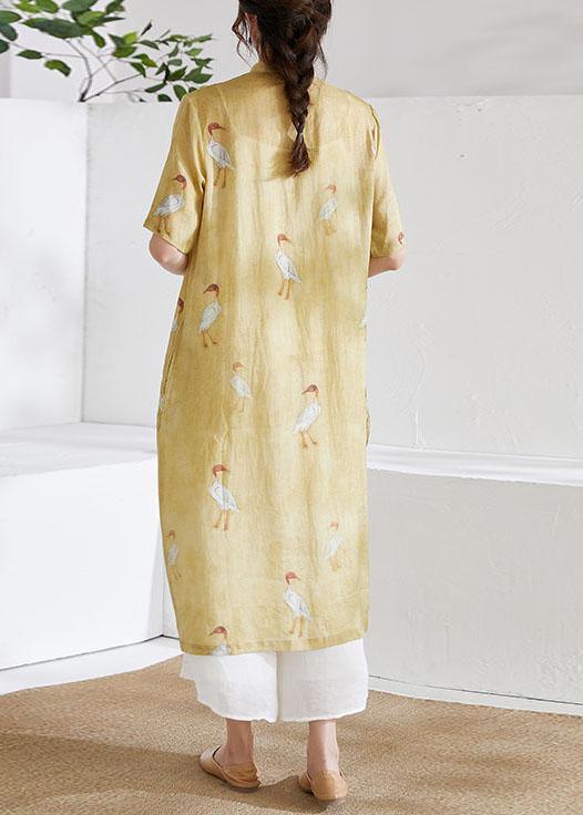 Women Yellow Side Open Print Summer Ramie long shirts - Omychic