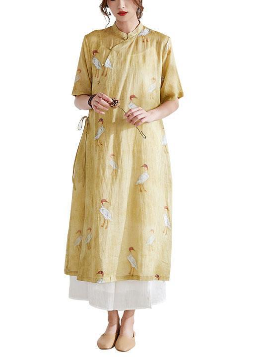 Women Yellow Side Open Print Summer Ramie long shirts - Omychic