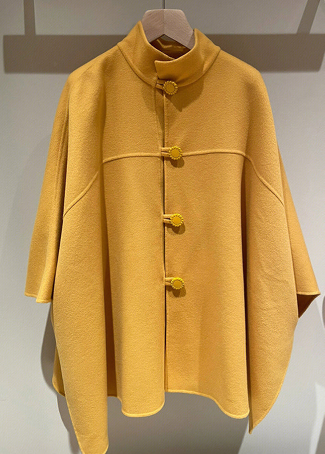 Women Yellow Stand Button Patchwork Woolen Cape Coats Fall