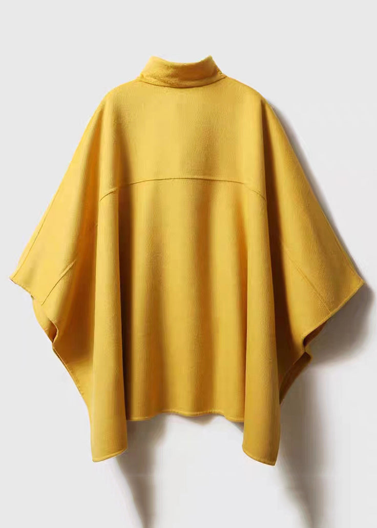 Women Yellow Stand Button Patchwork Woolen Cape Coats Fall