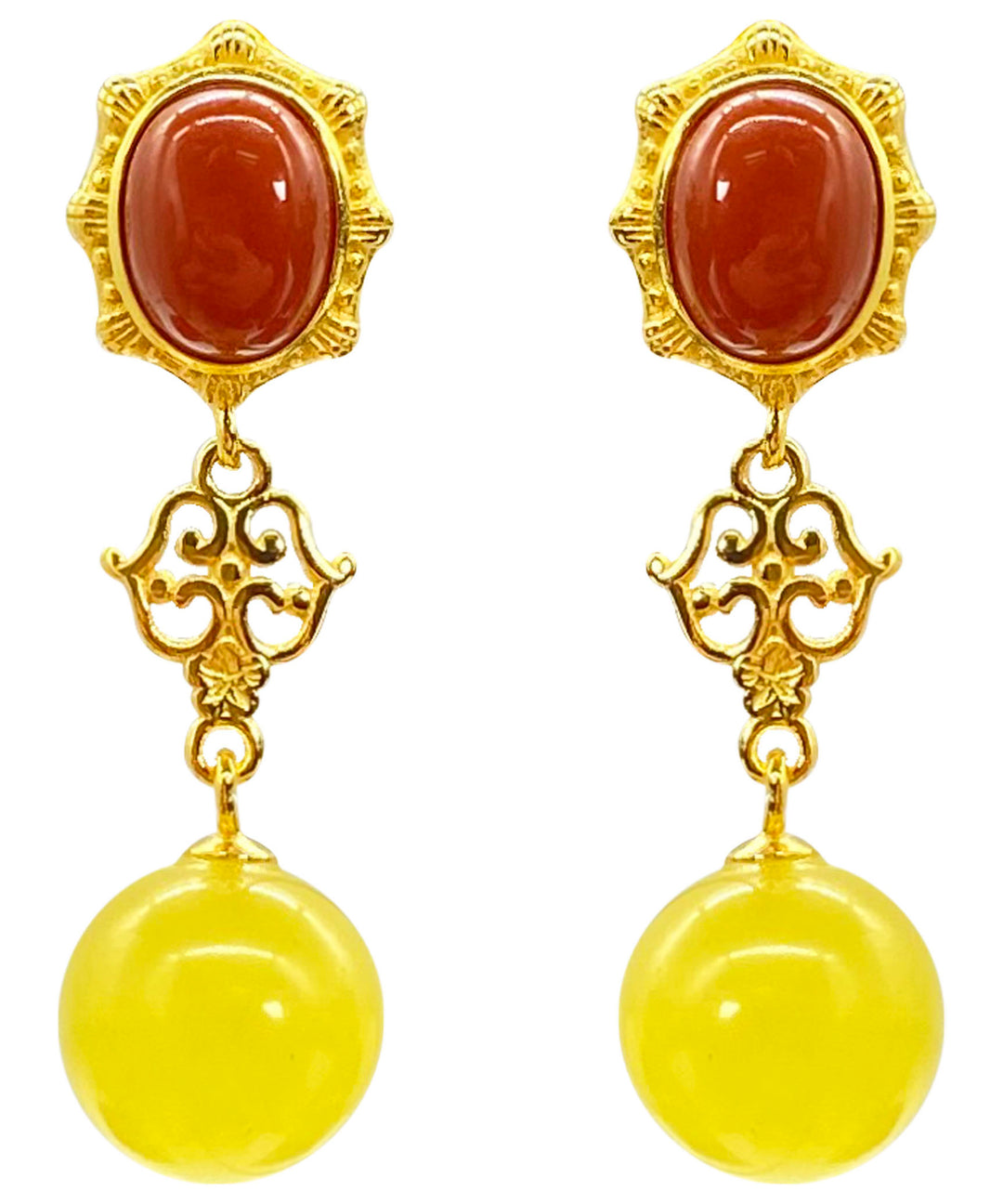 Women Yellow Sterling Silver Overgild Agate Beeswax Drop Earrings