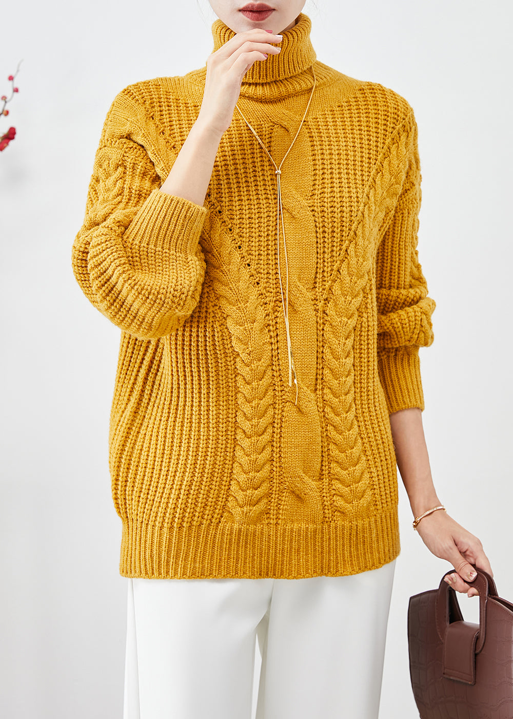 Women Yellow Turtle Neck Thick Cable Knit Short Sweater Fall