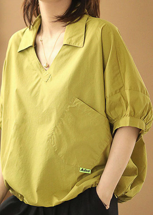 Women Yellow V Neck Patchwork Cotton Loose Shirt Tops Short Sleeve