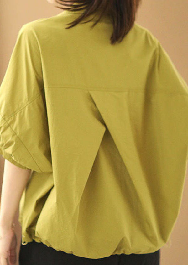 Women Yellow V Neck Patchwork Cotton Loose Shirt Tops Short Sleeve