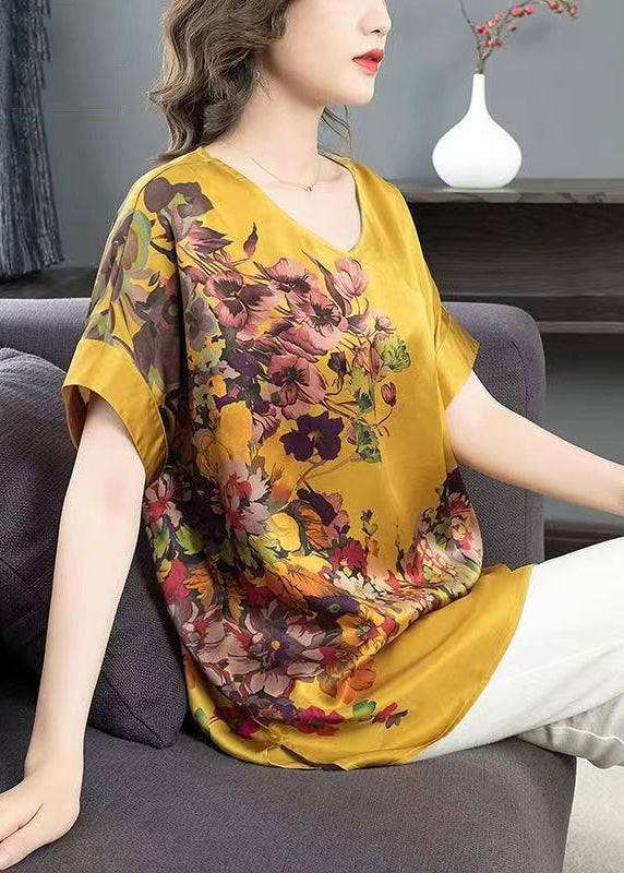 Women Yellow V Neck Print Patchwork Silk T Shirt Top Summer