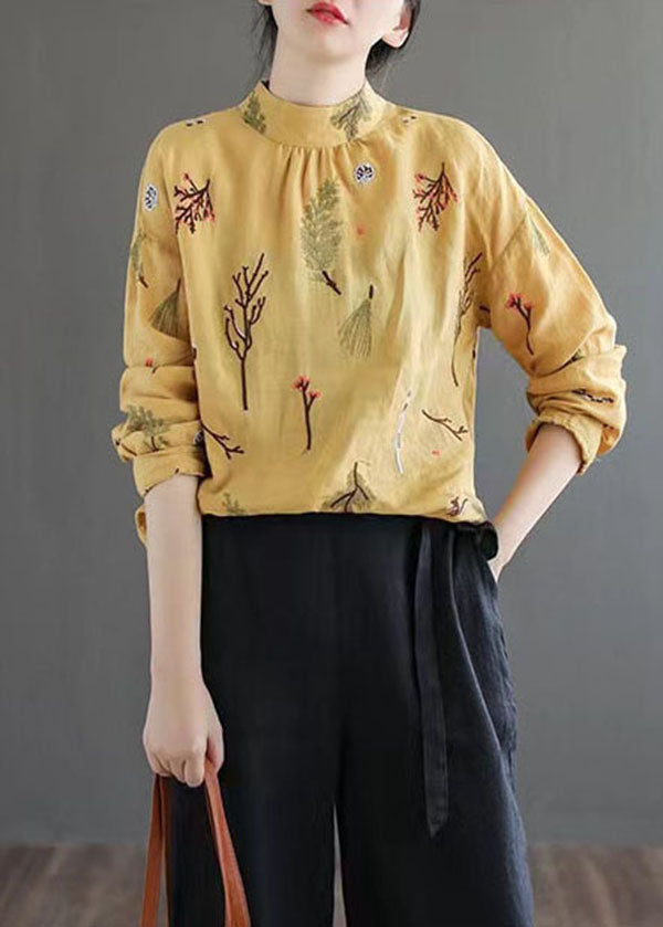 Women Yellow Wrinkled Embroideried Patchwork Linen Shirt Tops Spring