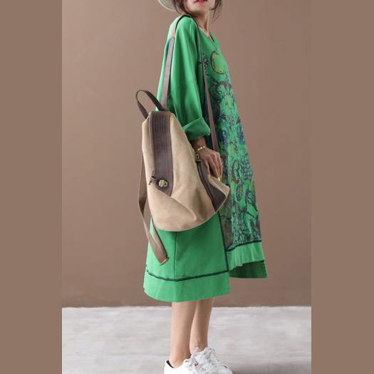 Women asymmetric hem cotton o neck tunics for women Fabrics green prints cotton Dresses - Omychic