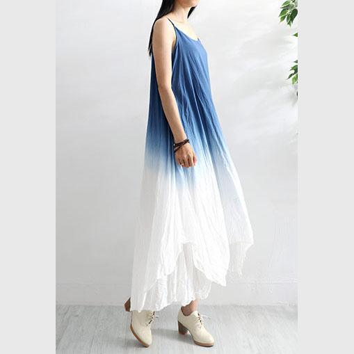 Women asymmetric linen clothes For Women Neckline blue sleeveless Dresses summer - Omychic