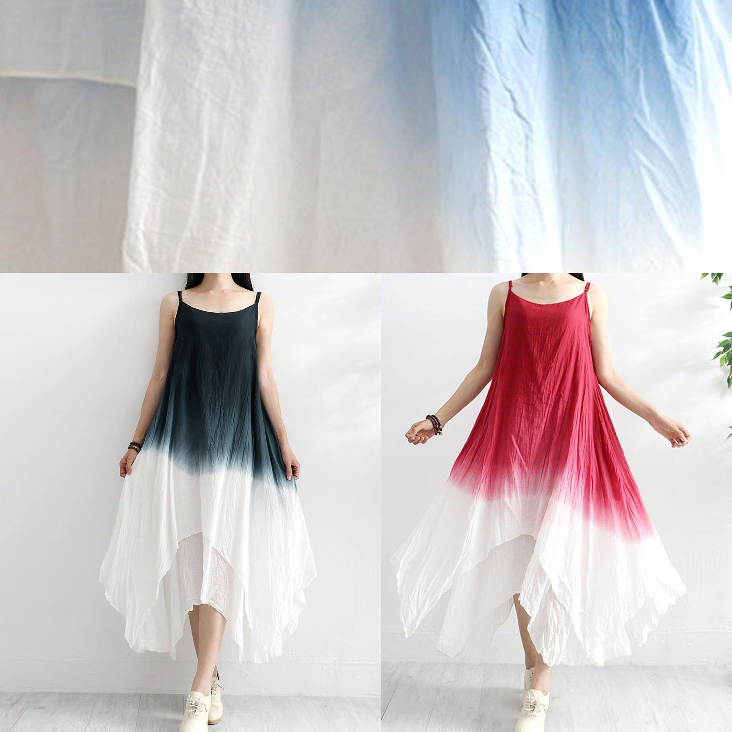 Women asymmetric linen clothes For Women Neckline blue sleeveless Dresses summer - Omychic