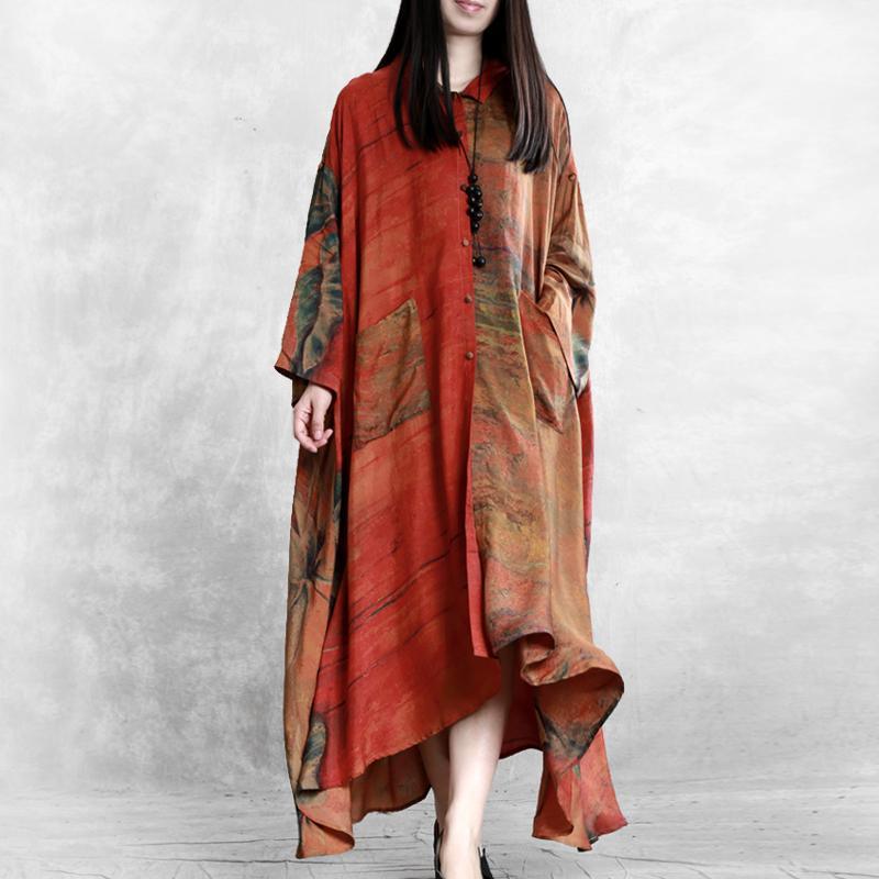 Women asymmetric pockets Plus Size clothes For orange print loose coats - Omychic