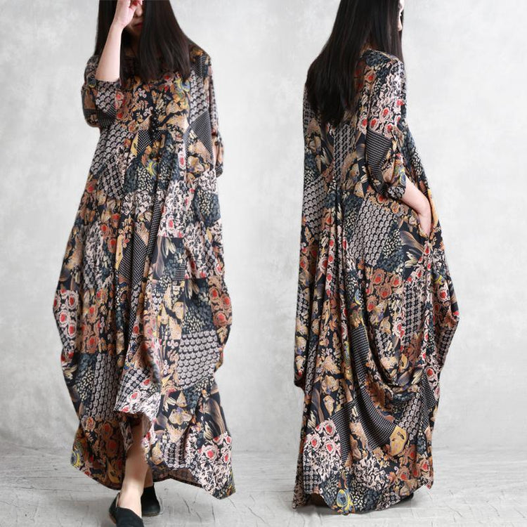 Women asymmetric silk outfit top quality Sleeve prints Kaftan Dress spring - Omychic