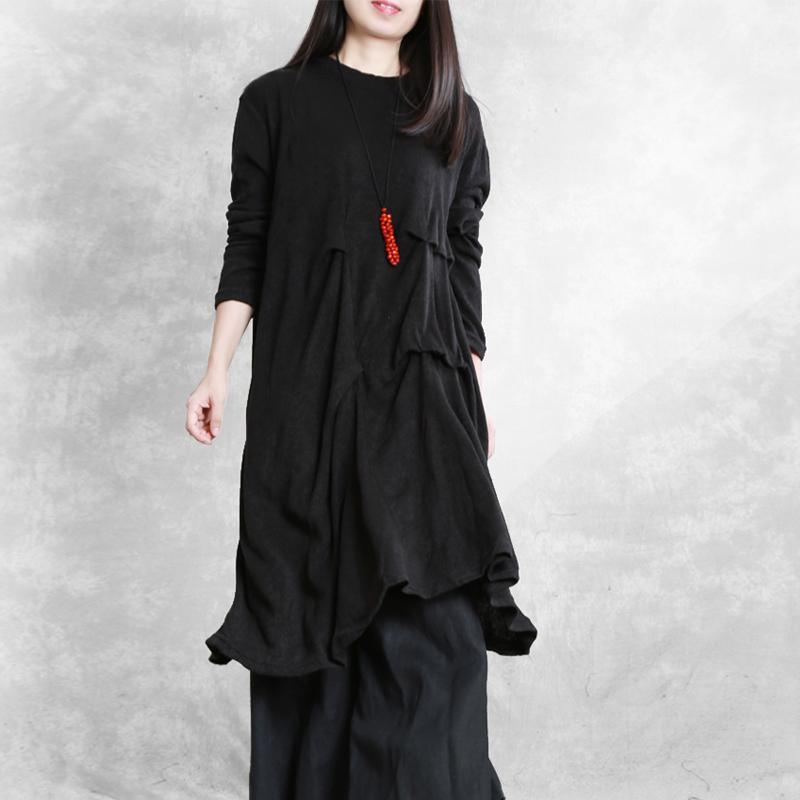 Women asymmetric wrinkled Cotton tunic dress Neckline dark gray Dress - Omychic