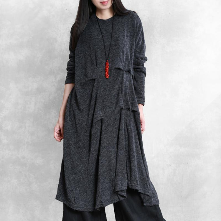 Women asymmetric wrinkled Cotton tunic dress Neckline dark gray Dress - Omychic