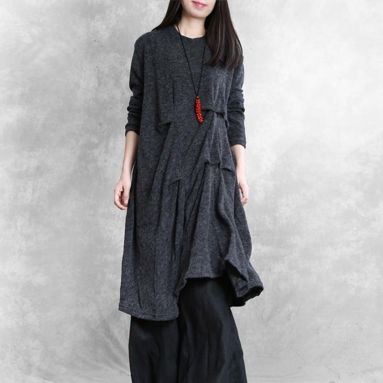 Women asymmetric wrinkled Cotton tunic dress Neckline dark gray Dress - Omychic