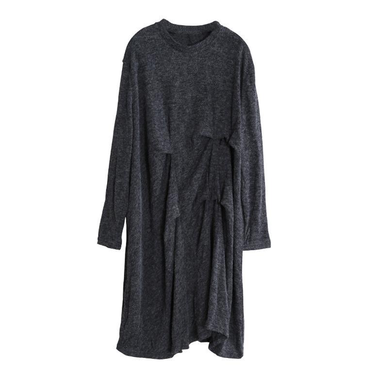Women asymmetric wrinkled Cotton tunic dress Neckline dark gray Dress - Omychic