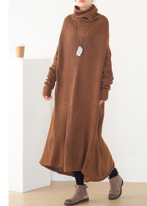 Women back open Sweater high neck dress outfit plus size drak brown daily knit dresses - Omychic