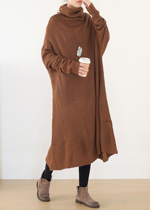 Women back open Sweater high neck dress outfit plus size drak brown daily knit dresses - Omychic