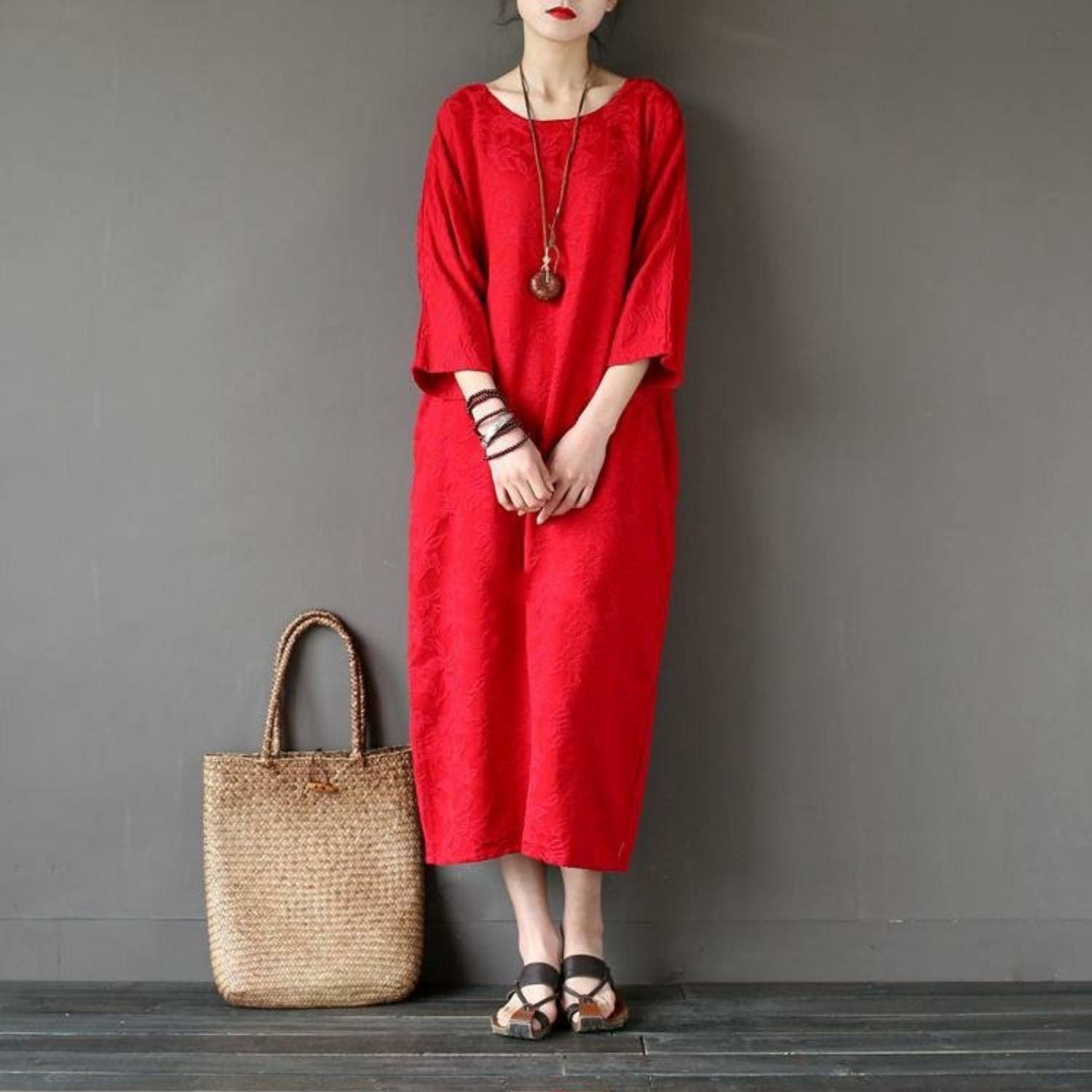 Women back open cotton spring quilting clothes Sleeve red jacquard Maxi Dresses - Omychic
