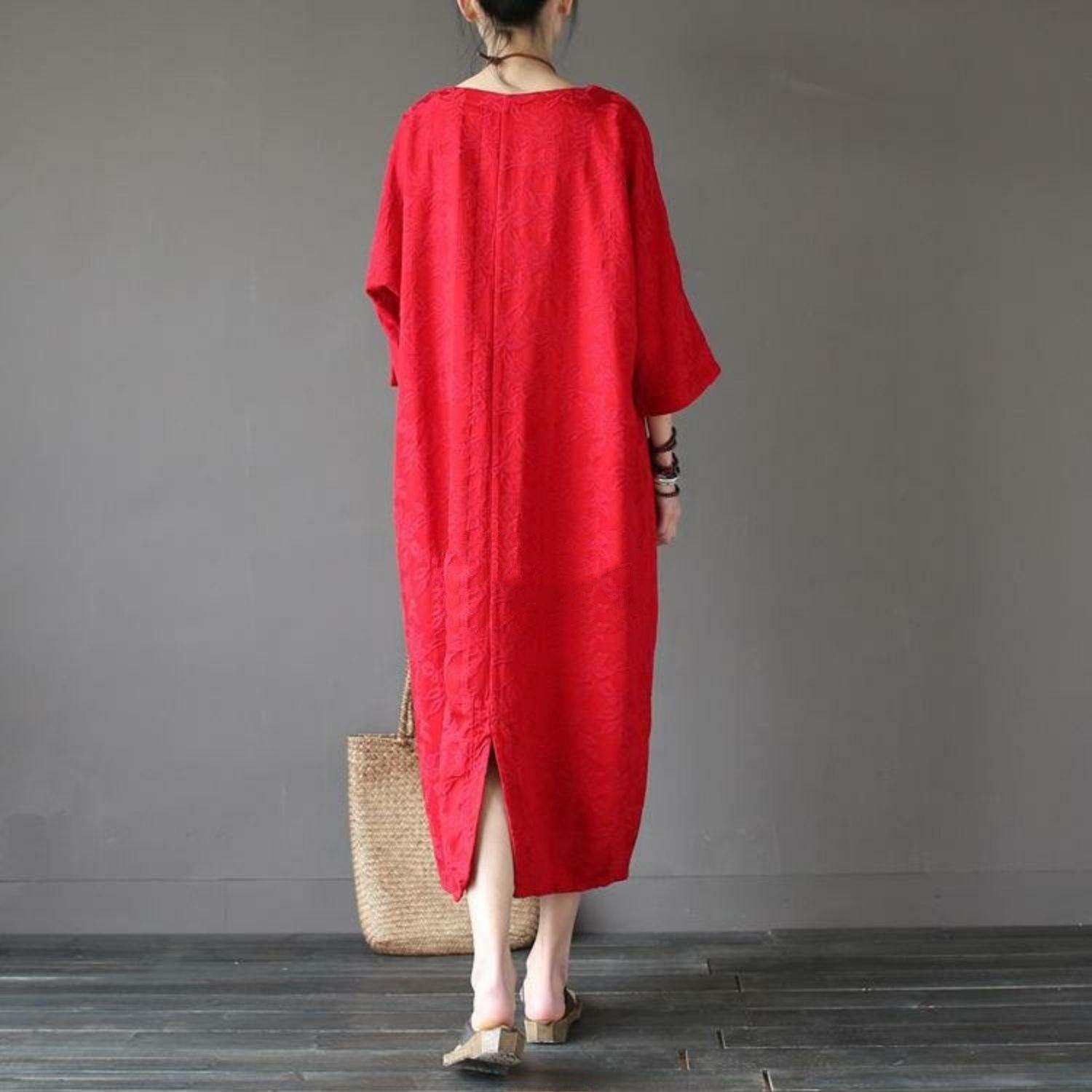 Women back open cotton spring quilting clothes Sleeve red jacquard Maxi Dresses - Omychic