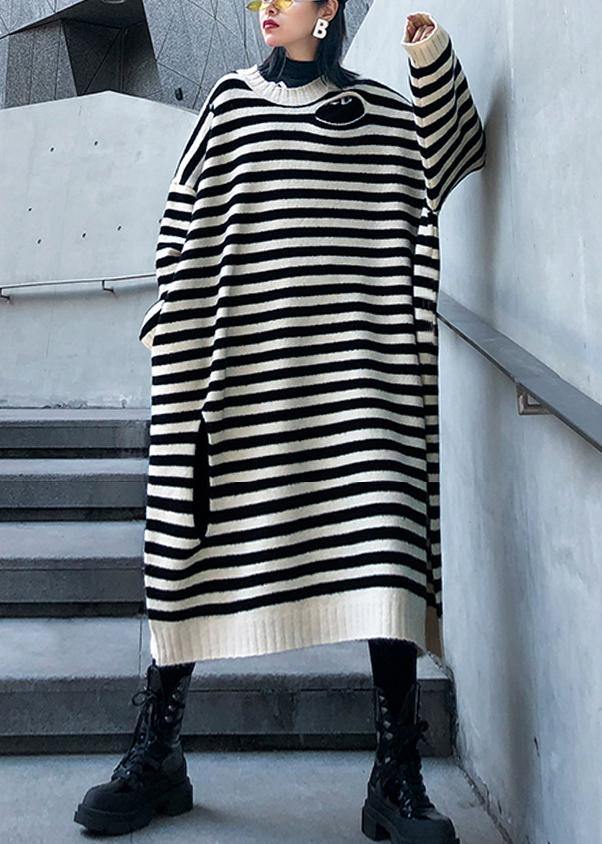 Women beige striped Sweater outfits Design o neck Hole DIY sweater dresses