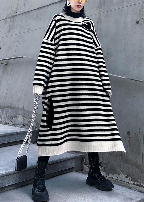 Women beige striped Sweater outfits Design o neck Hole DIY sweater dresses