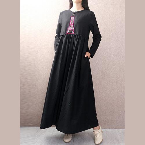 Women big hem cotton linen dress Tutorials black long sleeve Dresses autumn - Omychic