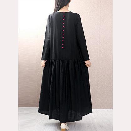 Women big hem cotton linen dress Tutorials black long sleeve Dresses autumn - Omychic