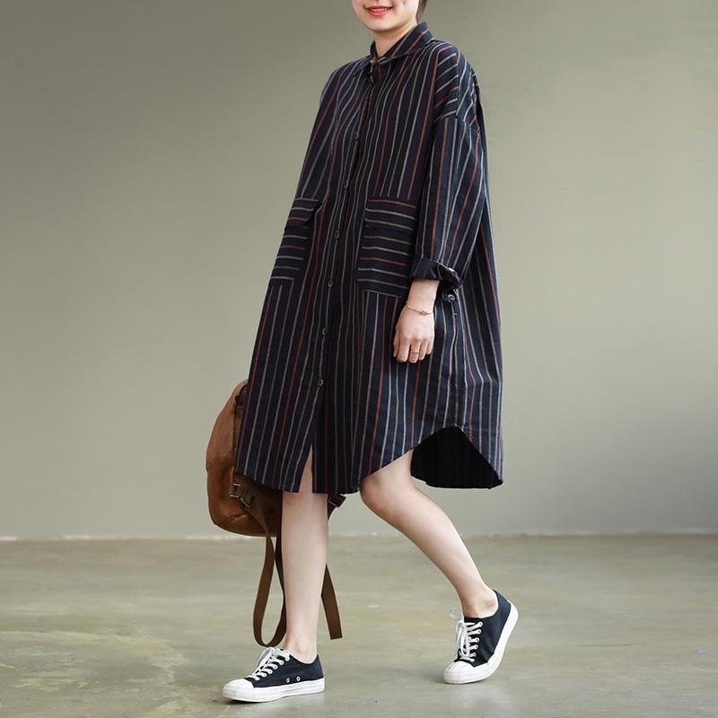 Women big pockets Cotton quilting dresses Women pattern striped daily Dresses spring - Omychic