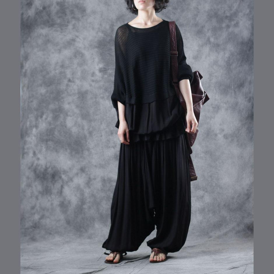 Women black cotton clothes o neck patchwork knit fabric asymmetric silhouette fall shirt - Omychic